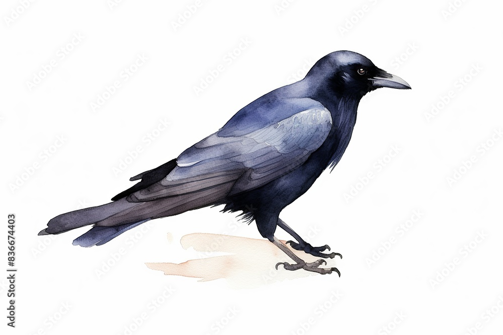 Fototapeta premium A black crow with a dark blue hue stands on a white background. Watercolor painting.