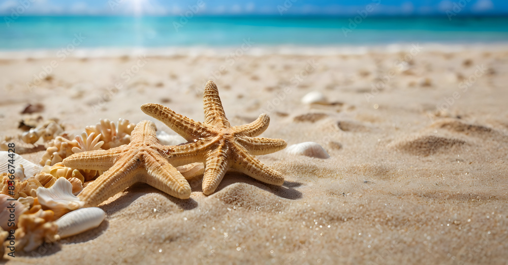 sea shells and starfish on the beach. summer holiday background, banner with copy space sea shells and starfish on the beach. summer holiday background, banner with copy space