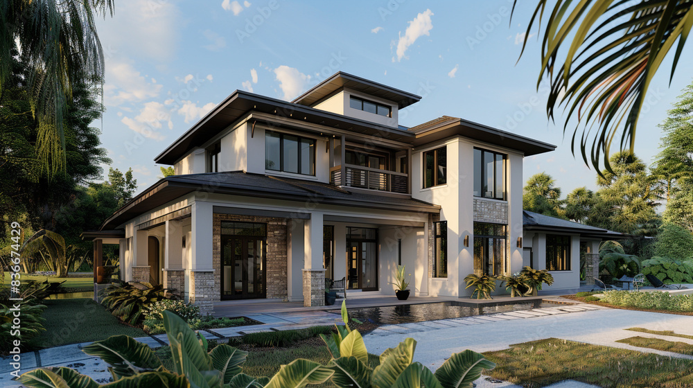 Fototapeta premium Luxurious Craftsman Style New Construction Cocoa House with Sleek, Contemporary Features in a Peaceful Riverside Setting