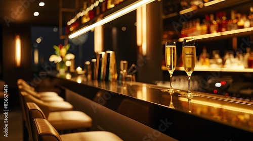 Sophisticated bar interior with drinks on the counter, romantic atmosphere.