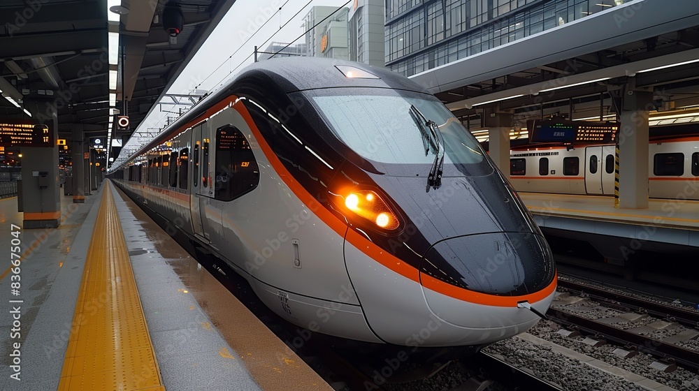 Detailed shot of a high-speed train with sleek design, capturing the innovation in transportation technology. Minimal and Simple, Detailed shot of a high-speed train with sleek design, capturing the innovation in transportation technology. Minimal and Simple,