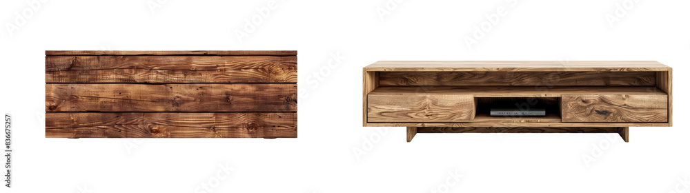 Top View of Wooden TV Stand Set Isolated on Transparent or White Background, PNG Top View of Wooden TV Stand Set Isolated on Transparent or White Background, PNG