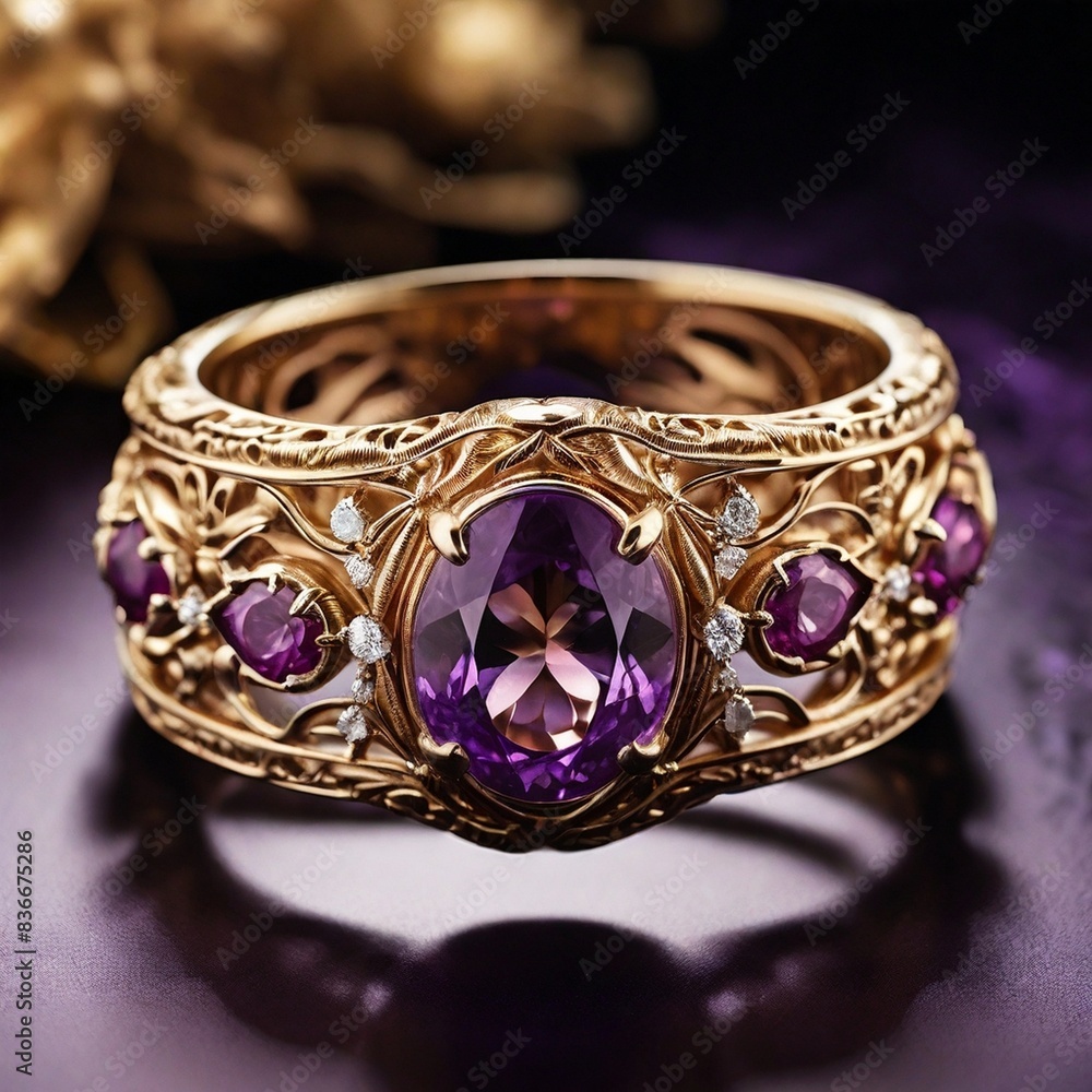 A stunning ring design adorned with a bright purple gemstone glimmering in the light A stunning ring design adorned with a bright purple gemstone glimmering in the light