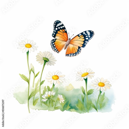 A vibrant orange butterfly with black markings hovers over a cluster of white daisies, set against a watercolor background , watercolor style © tohceenilas