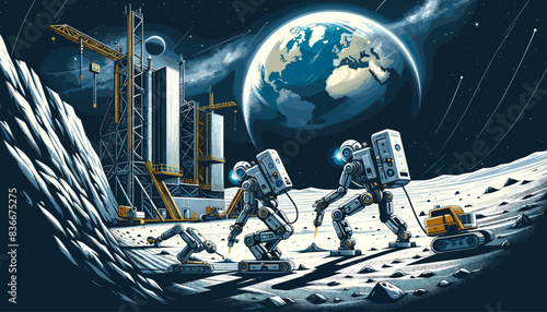 Conceptual image of a robotic lunar base construction. 
Vector illustration.