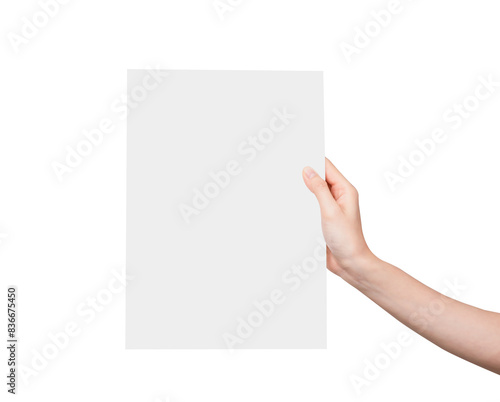 Woman hand holding blank paper label and mockup for design advertising on gray background.