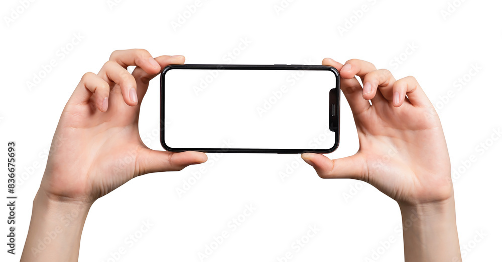 Hand holding smartphone mockup of blank screen for graphic display montage. Hand holding smartphone mockup of blank screen for graphic display montage.