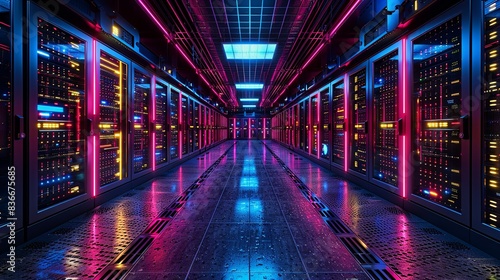 High-tech server room with rows of servers and glowing lights, highlighting the importance of data storage and management. Minimal and Simple,