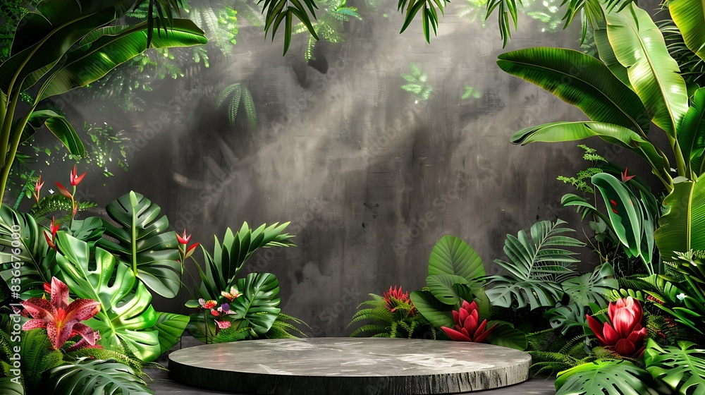 Outdoor podium background set in a picturesque garden. Lush greenery and colorful flowers surround the podium. Natural sunlight with dappled shadows creates a serene setting Outdoor podium background set in a picturesque garden. Lush greenery and colorful flowers surround the podium. Natural sunlight with dappled shadows creates a serene setting