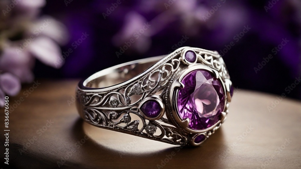 A stunning ring design adorned with a bright purple gemstone glimmering in the light A stunning ring design adorned with a bright purple gemstone glimmering in the light