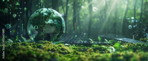 A digital art representation of the environment, featuring icons representing green energy and environmental protection.