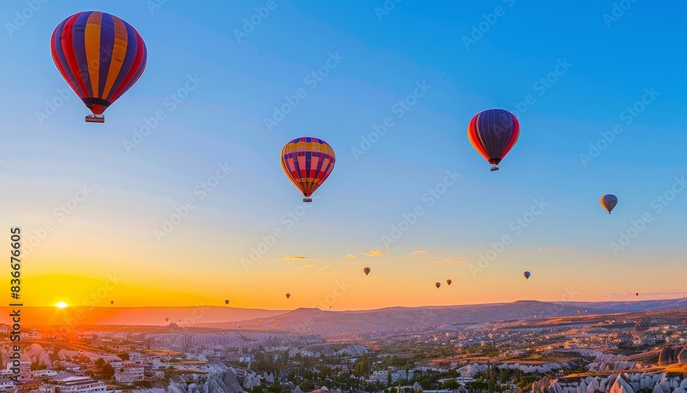 Naklejka premium Sunrise Spectacle: Hot Air Balloons Over Goreme Historical National Park in Cappadocia, Turkey