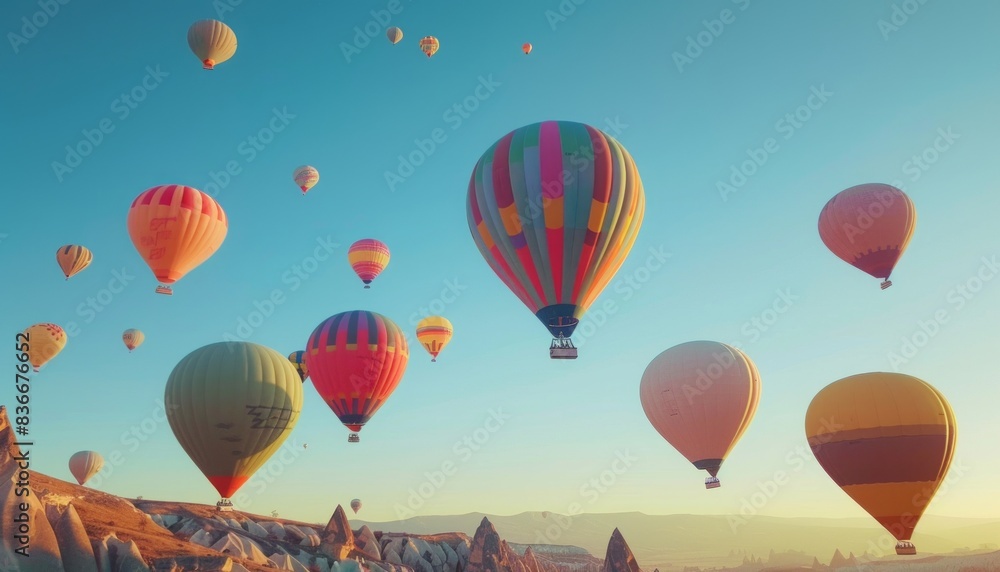Obraz premium Gorgeous Sunrise Spectacle: Colorful Hot Air Balloons Soar over Stunning Goreme Historical National