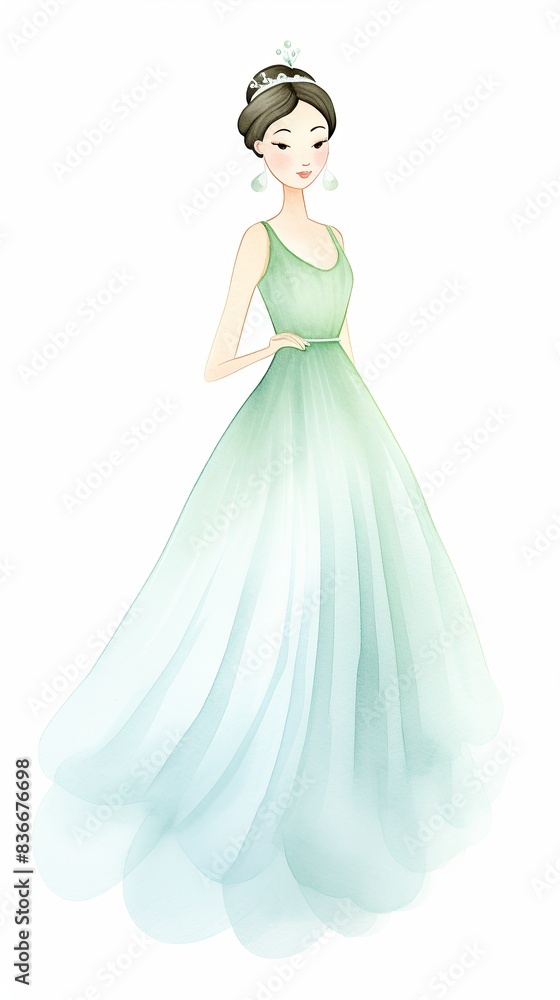 Elegant woman in a flowing green and white gown, standing gracefully on a white background. Elegant woman in a flowing green and white gown, standing gracefully on a white background.
