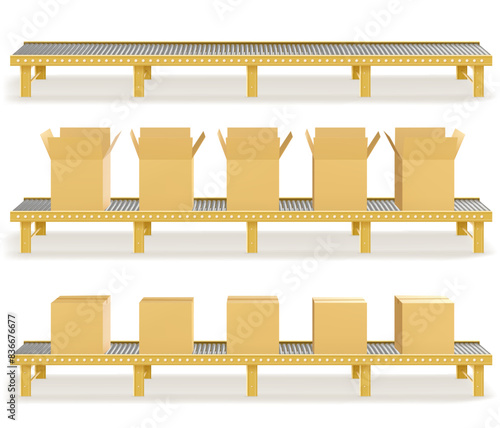 Factory Conveyor System Belt with Cardboard Boxes Engineering Machine Line. Vector illustration