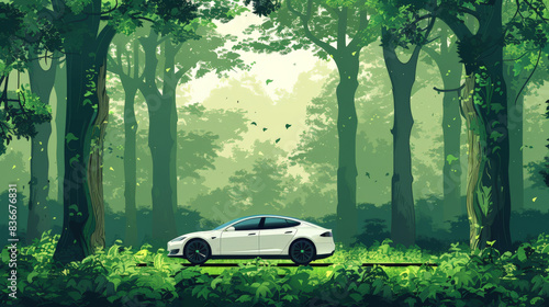 Minimalist vector artwork of a hybrid vehicle parked in a lush green forest, symbolizing the fusion of electric and traditional engine innovation. The design features clean lines, natural colors, and photo