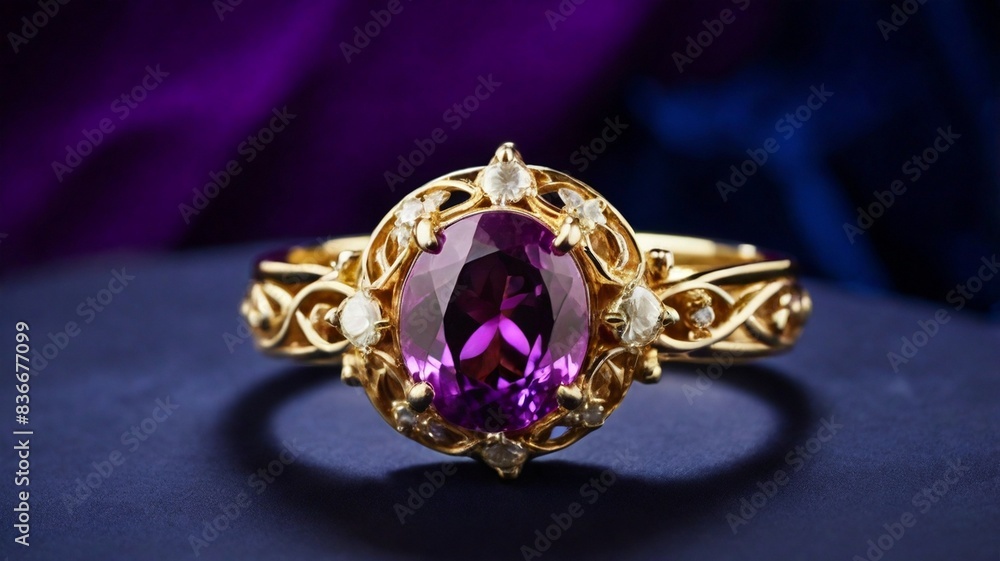 A stunning ring design adorned with a bright purple gemstone glimmering in the light A stunning ring design adorned with a bright purple gemstone glimmering in the light