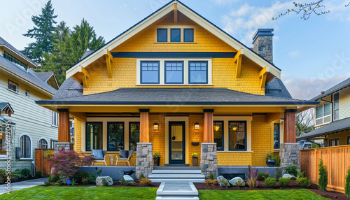 Sophisticated Craftsman Style New Construction Lemon Yellow House Featuring Modern Design in a Vibrant Urban Neighborhood