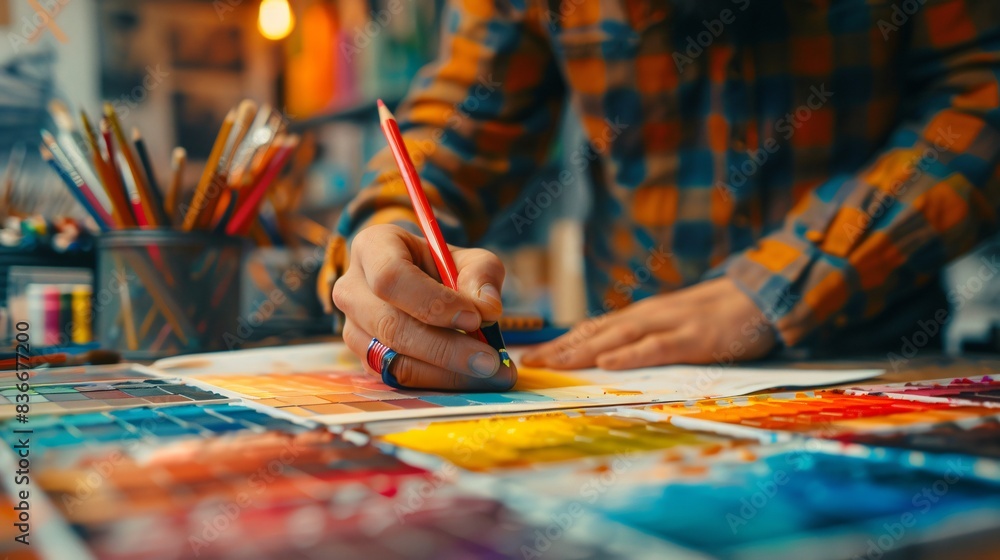 Person sketching on colorful table Person sketching on colorful table