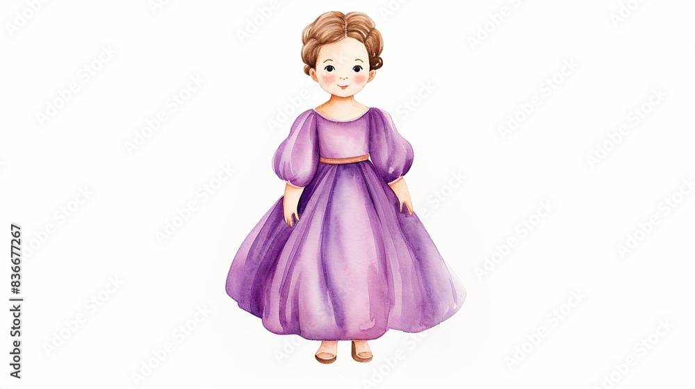 Watercolor illustration of a young girl in a purple dress, standing on a white background. Watercolor illustration of a young girl in a purple dress, standing on a white background.