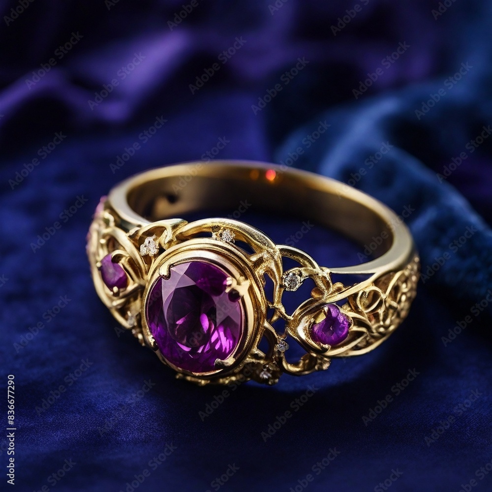 A stunning ring design adorned with a bright purple gemstone glimmering in the light A stunning ring design adorned with a bright purple gemstone glimmering in the light