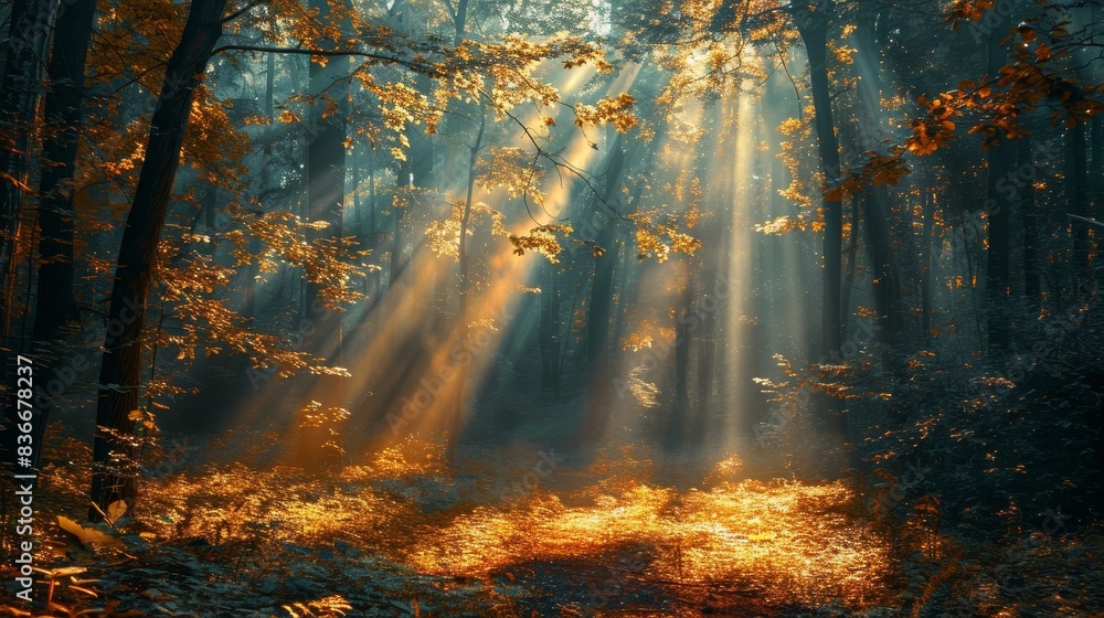 Golden Sunrays Illuminating a Mystical Forest Golden Sunrays Illuminating a Mystical Forest