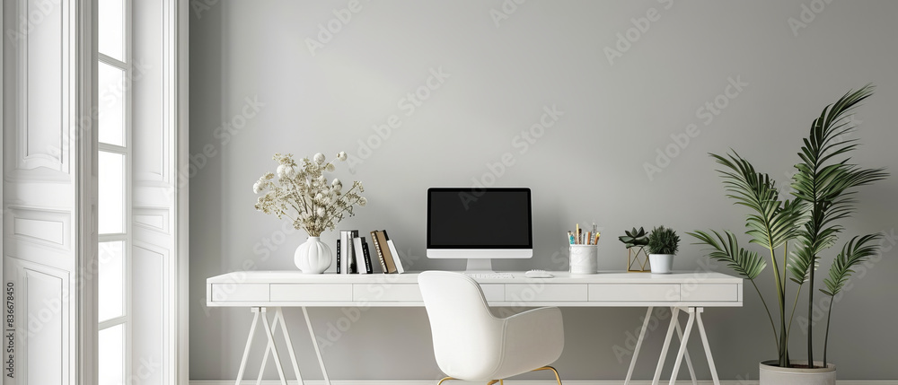 Calm and Minimalist Workspace with White Desk and Modern Chair for Optimal Focus and Productivity