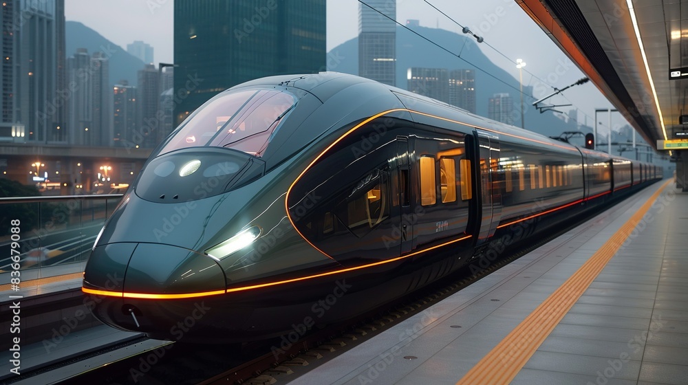 Fototapeta premium Detailed shot of a high-speed train with sleek design, capturing the innovation in transportation technology. Minimal and Simple,