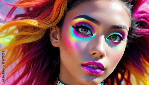 Close-up of a young woman's face with vibrant, multicolored makeup and flowing rainbow hair, showcasing creative beauty and artistry.. AI Generation