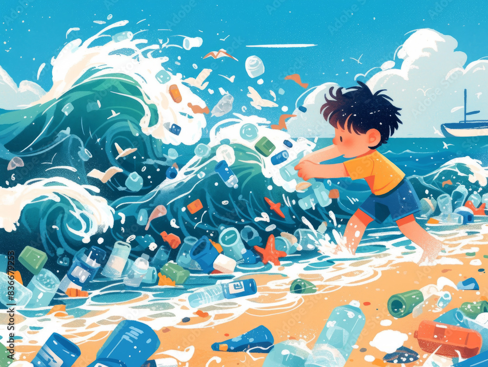 Sea wave children discarded bottles to protect the marine environment illustration Sea wave children discarded bottles to protect the marine environment illustration