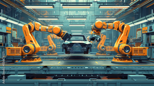 Simplified vector scene of an automotive robotics assembly line, featuring advanced robots precisely assembling car components. The illustration highlights the technological advancements, precision,