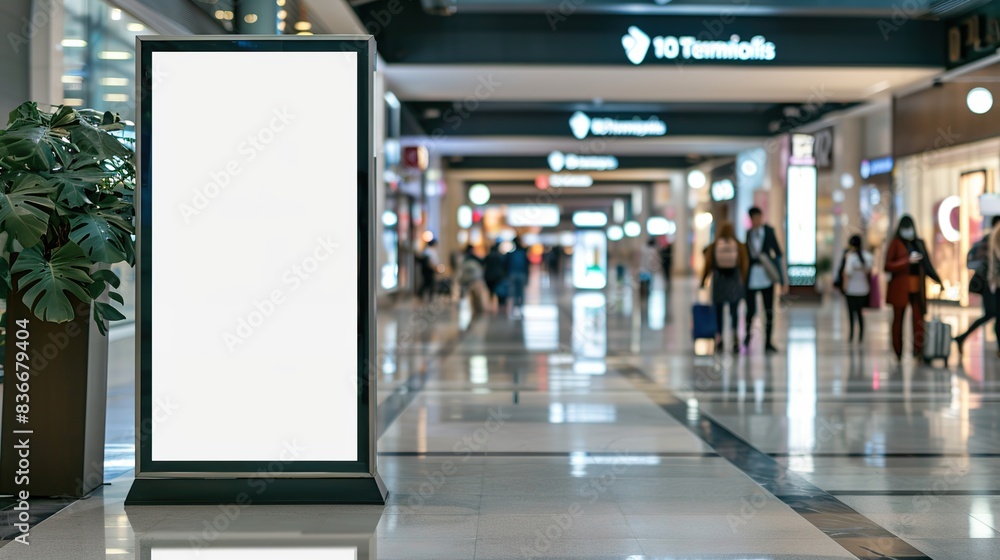 Blank advertising billboard in shopping center. The mall has several visitors on a blurred background Blank advertising billboard in shopping center. The mall has several visitors on a blurred background