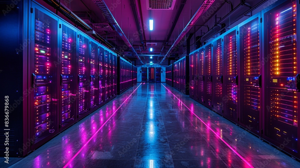 Fototapeta premium High-tech server room with rows of servers and glowing lights, highlighting the importance of data storage and management. Minimal and Simple,