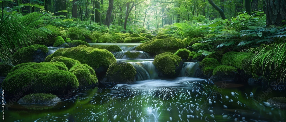 Fototapeta premium Moss-covered rocks by a stream, lush greenery, peaceful setting, copy space