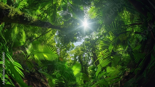 Fisheye view of a lush green forest canopy 