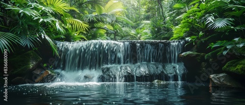 Tropical waterfall with lush greenery  serene and refreshing  natural beauty  copy space