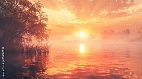 Stunning sunrise over a misty lake with a silhouette of a tree.