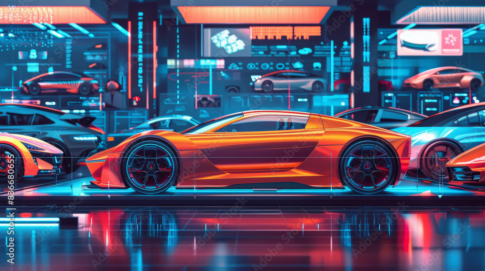 Simplified vector illustration of auto industry trends, featuring various futuristic car designs and technologies on display. The scene highlights the evolving landscape of the automotive industry, Simplified vector illustration of auto industry trends, featuring various futuristic car designs and technologies on display. The scene highlights the evolving landscape of the automotive industry,