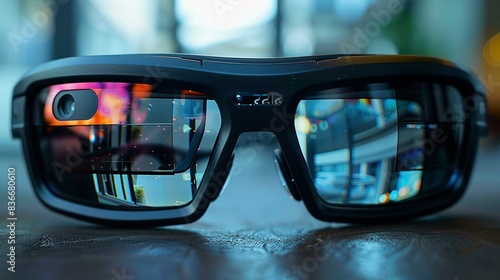 Close-up of a smart glasses with augmented reality display, emphasizing the advancements in wearable tech. Minimal and Simple,