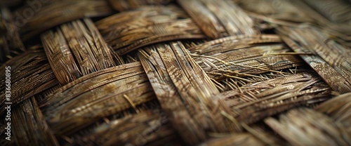 A detailed shot of an old woven basket, capturing the texture of the natural fibers, worn areas, and the craftsmanship. photo