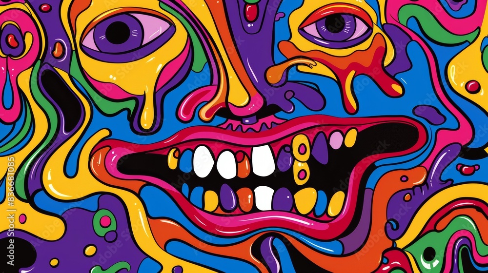 Enter a surreal world with an enchanting psychedelic pattern showcasing a melted, mirthful cartoon visage adorned in vibrant hues Enter a surreal world with an enchanting psychedelic pattern showcasing a melted, mirthful cartoon visage adorned in vibrant hues