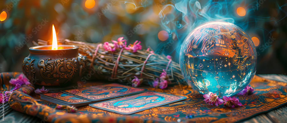 Mystical Tarot Cards and Crystal Ball with Burning Sage Displayed in Enchanting Setting Mystical Tarot Cards and Crystal Ball with Burning Sage Displayed in Enchanting Setting