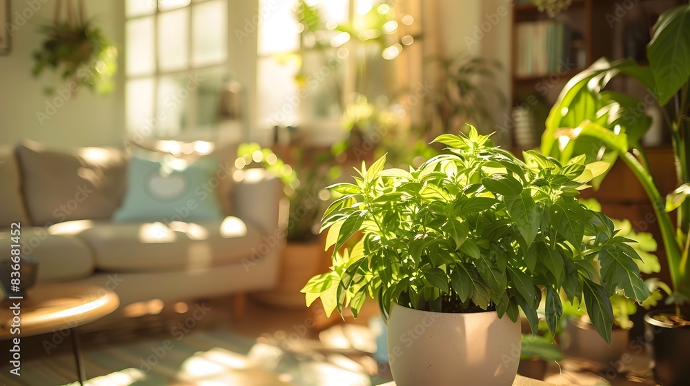 Serene Scandinavian Lobby with Lush Basil Plants and Contemporary Decor Serene Scandinavian Lobby with Lush Basil Plants and Contemporary Decor