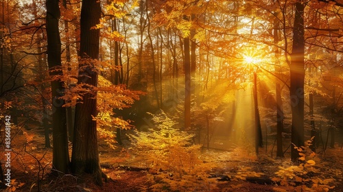 Golden autumn foliage forest with trees illuminated by warm sunset sunlight