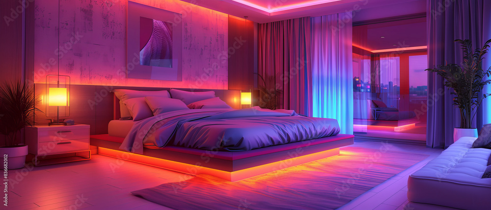 Glowing Ambiance in Stylish Modern Bedroom with Luxurious Bedding and Contemporary Decor Glowing Ambiance in Stylish Modern Bedroom with Luxurious Bedding and Contemporary Decor