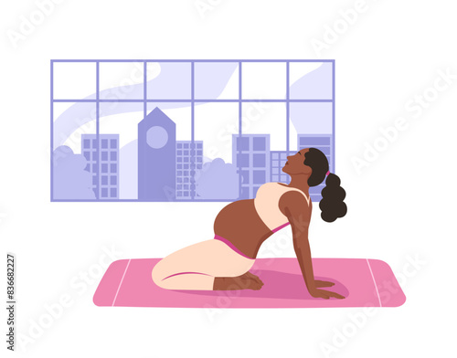 Young black pregnant woman doing sport. Yoga for pregnant women. Vector illustration.