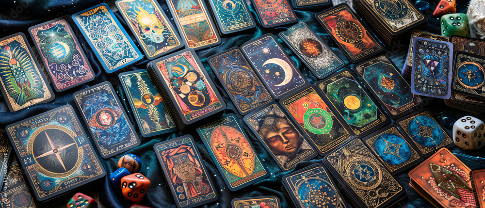 Mystical Tarot Card Reading Setup with Vibrant Designs, Tarot Dice, and Moon Phase Charts on Black Cloth Mystical Tarot Card Reading Setup with Vibrant Designs, Tarot Dice, and Moon Phase Charts on Black Cloth