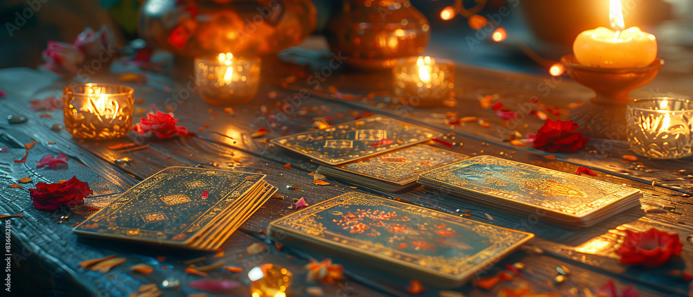 Divination with Mystical Tarot Cards in Traditional Spread with Candles and Gemstones Divination with Mystical Tarot Cards in Traditional Spread with Candles and Gemstones