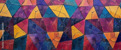 A detailed shot of a geometric mosaic, featuring small, colored tiles arranged in a complex, repeating pattern.