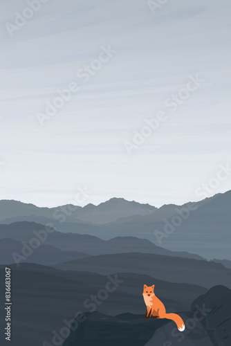 Fox on the rock cliff with mountain ranges landscape flat design graphic illustration have blank space.